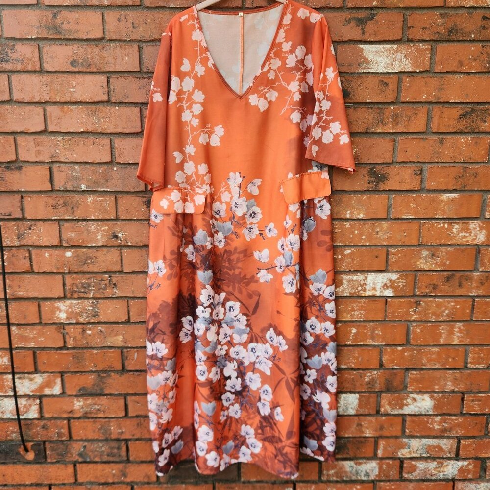 Orange Floral Maxi Dress V-Neckline Ladies Size Large